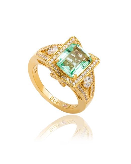 Suzy Levian Metallic Sterling Emerald Cut Cubic Zirconia Pave Engagement Ring