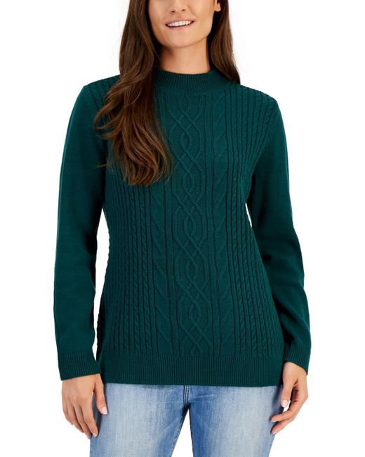 Karen Scott Green Cable Knit Sweater Cable Knit Crewneck Pullover Sweater