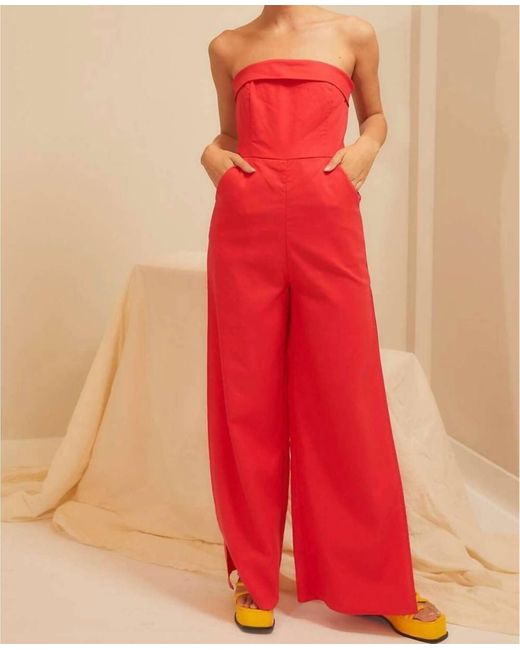 Main Strip Red Side Slit Strapless Jumpsuit