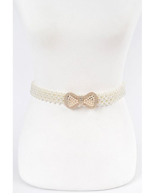 Fashnzfab White Elastic Pearl Waist Belt W/Ribbon Buckle