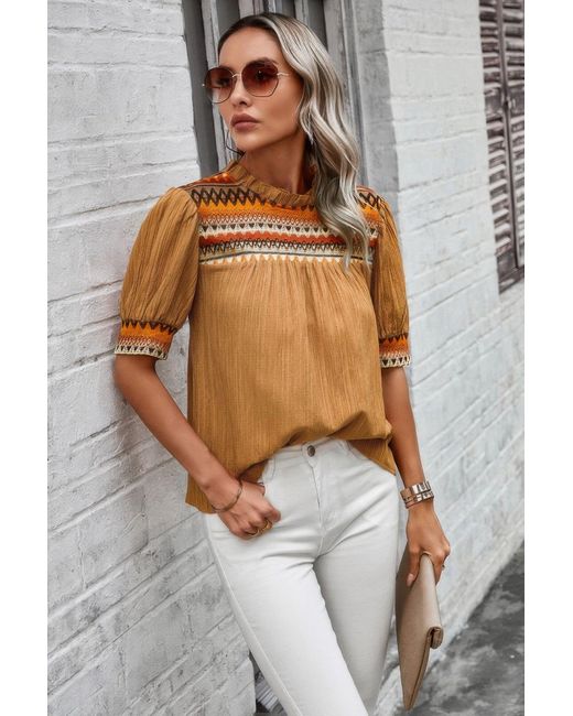 TRUEDAMES Yellow Geometric Print Elegant Textured Puff Sleeve Shirt