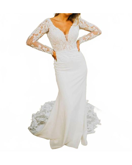 Stella York Women's White Lace Long-Sleeve Wedding Dress