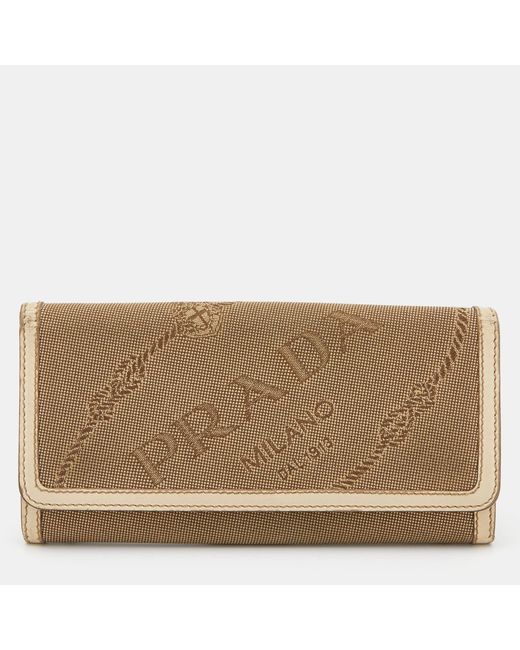 Prada Natural Beige Jacquard Logo Canvas And Leather Flap Continental Wallet