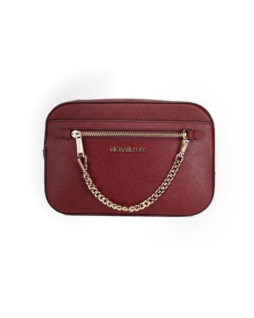 Michael Kors Red Jet Set East West Large Cherry Leather Zip Chain Crossbody Bag