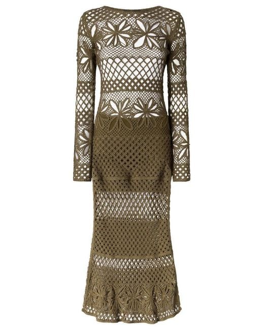 Pinko Natural Long Open-Work Crochet Dress With Diamond And Floral Patterns
