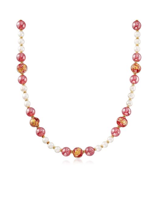 Ross-Simons Metallic Italian 6-7mm Cultured Pearl And Multicolored Murano Glass Bead Necklace In 18kt Gold Over Sterling
