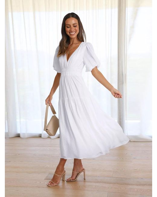 TRUEDAMES White Tiered Puff Sleeve Midi Dress