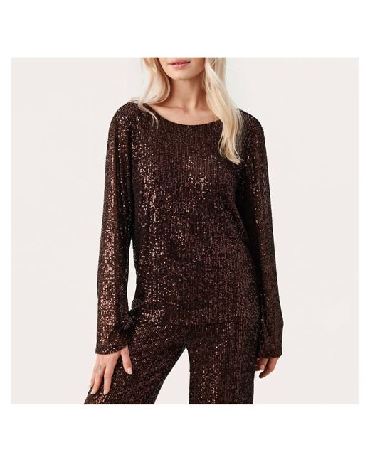Part Two Brown Darleena Metallic Long Sleeve Sequin Top