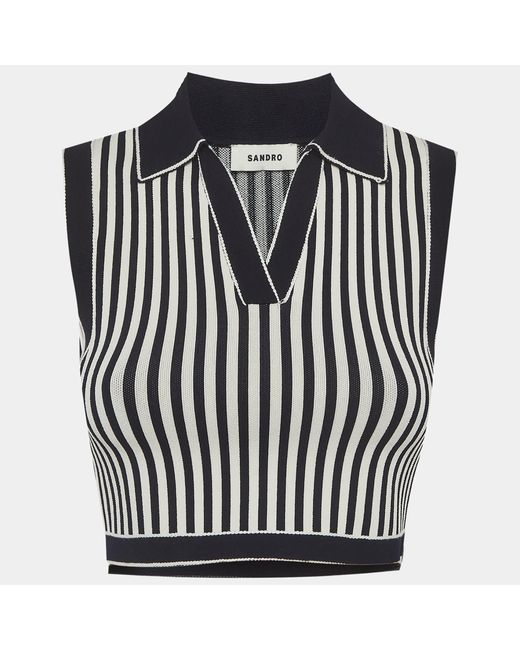 Sandro Black Striped Collared Crop Top