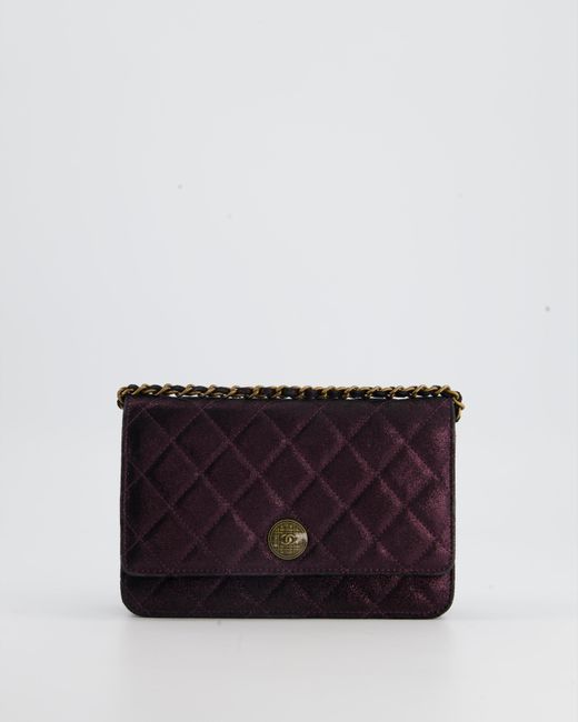 Chanel Purple Metallic Nubuck Wallet On Chain With Antique Gold Hardware