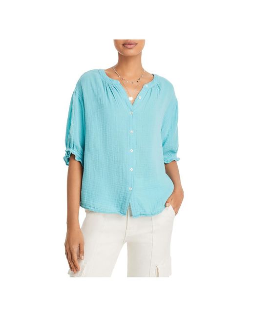 Velvet By Graham & Spencer Blue 100% Cotton Elbow Sleeves Button-down Top