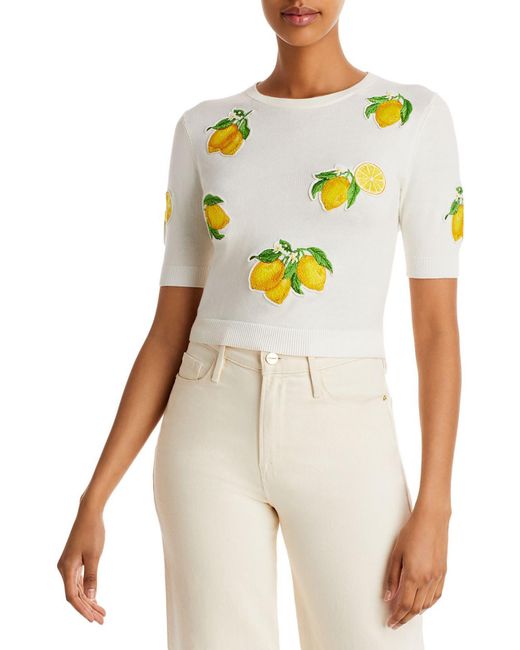 Alice + Olivia Ciara Embroidered Patches Crop Sweater in White | Lyst