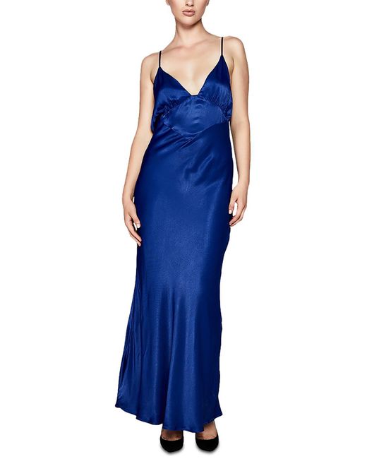 Bardot Blue Satin V-neck Evening Dress
