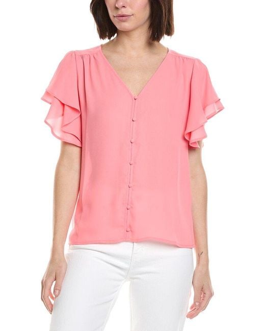 Cece Pink Double Flutter Shirred Shoulder Blouse