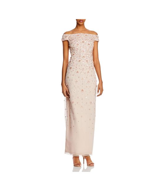 Adrianna Papell Natural Mesh Bateau Neck Evening Dress