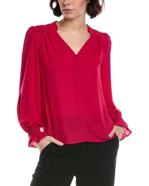 Cece Red Half Placket Smocked Top