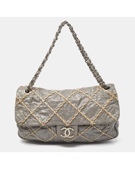 Chanel Gray Quilted Crinkled Leather Ultra Stitch Classic Flap Bag