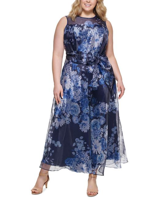 Eliza J Blue Plus Floral Print Maxi Evening Dress