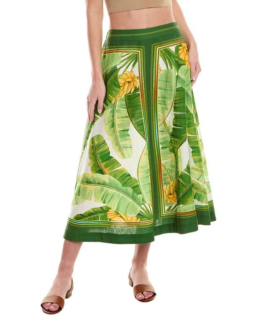 Farm Rio Green Fresh Forest Scarf Linen-blend Midi Skirt