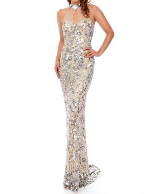 Precious Formals White Halter Neck Illusion Sequin Evening Gown