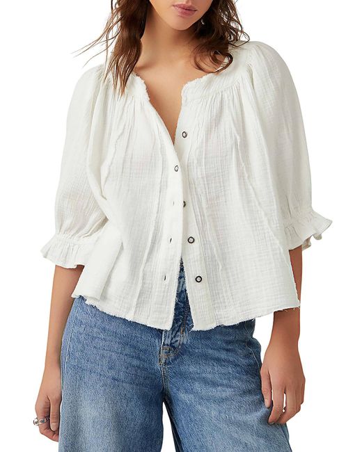 Free People White Lucy Split Neck Bishop Sleeve Button-down Top