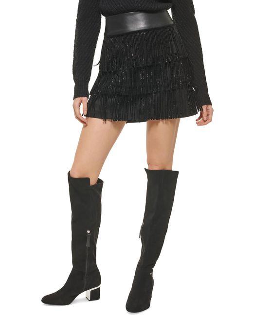 DKNY Black Faux Leather Fringe Mini Skirt