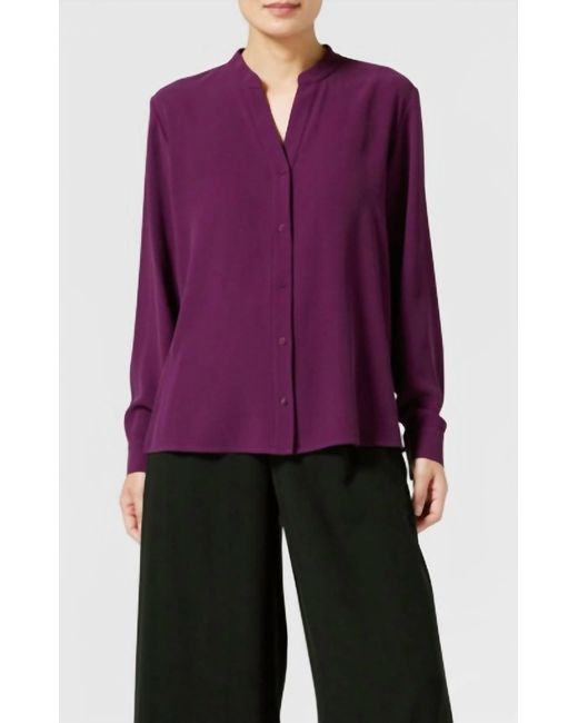 Eileen Fisher Purple Mandarin Collar Silk Shirt