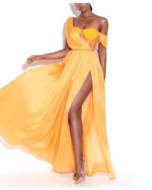 Miss Circle Orange Silk Pleated Corset High Slit Maxi Gown