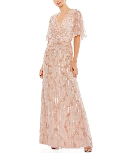 Mac Duggal Pink Embellished Cap Sleeve Faux Wrap Trumpet Gown