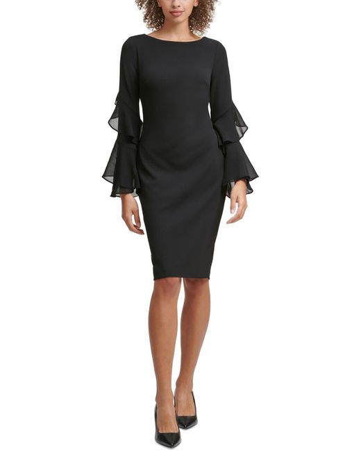 Calvin Klein Black Tiered Chiffon-sleeve Sheath Dress