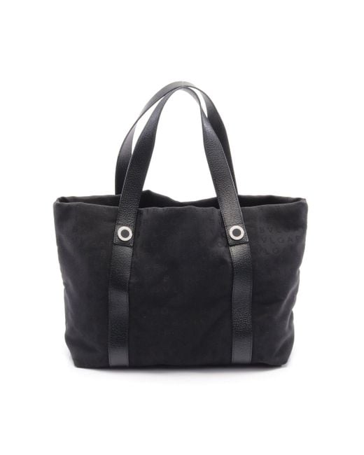 BVLGARI Black Logomania Handbag Tote Bag Canvas Leather
