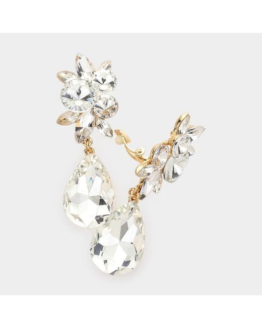 Fashnzfab Women's Metallic Glass Crystal Teardrop Clip On Earrings