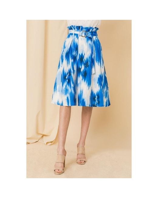 TRUEDAMES Blue Self-Buckle Belt Printed Skirt