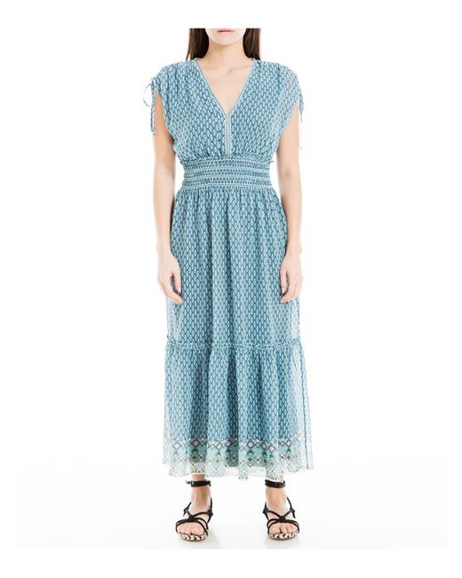Max Studio Blue Smocked Tiered Midi Dress
