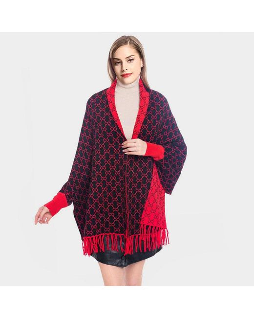 TRUEDAMES Red Luxury Patterned Poncho