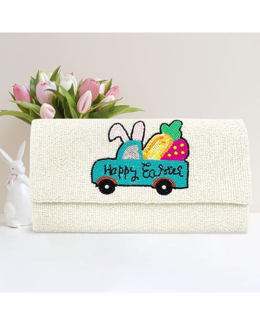 Fashnzfab Blue Happy Easter Message Carrot Bunny Car Seed Beaded Clutch Crossbody Bag