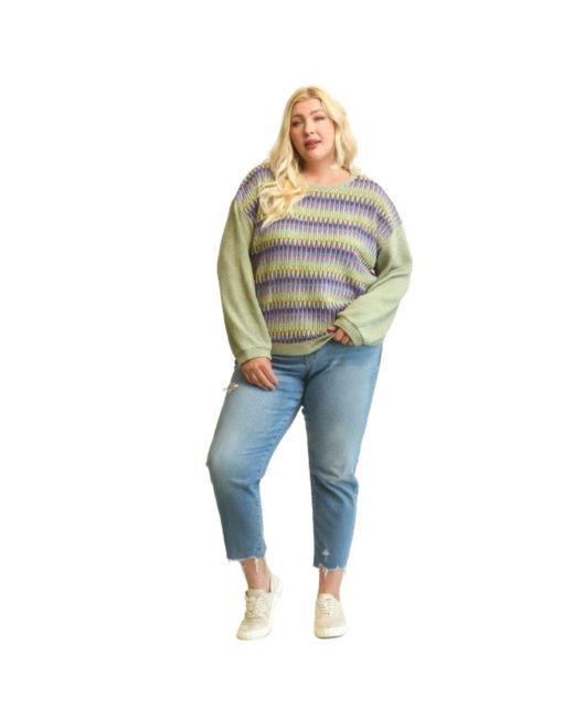 Fashnzfab Blue Novelty Knit And Solid Knit Mixed Loose Top With Drop Down Shoulder