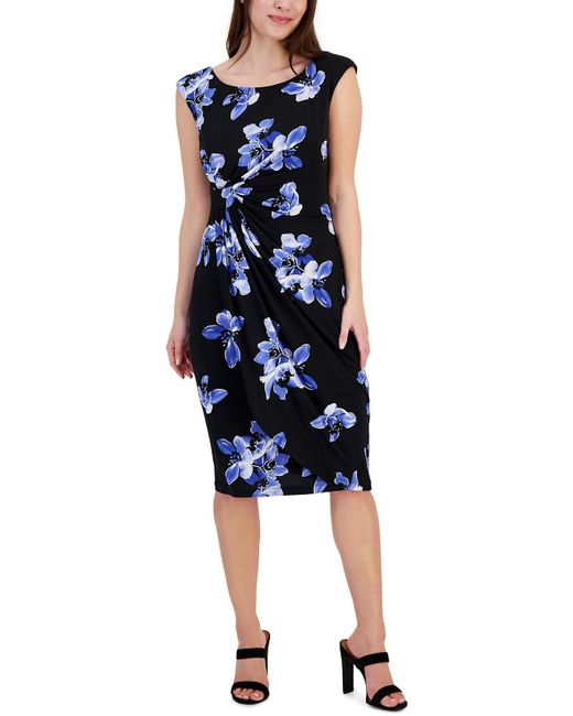 Connected Apparel Blue Floral Print Knee Length Wrap Dress