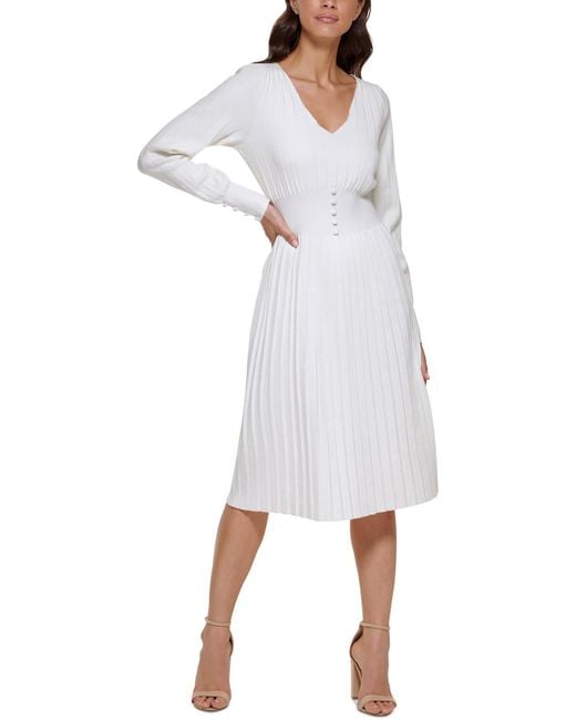 Kensie White Soft Pleated Sweaterdress