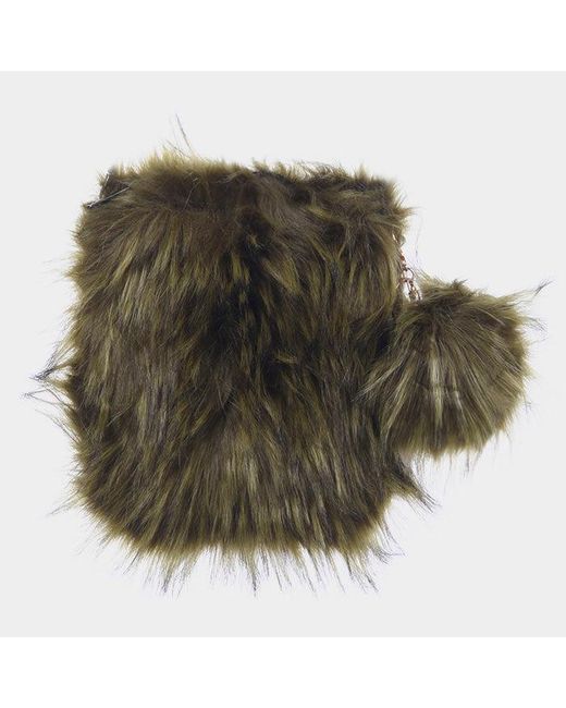 Fashnzfab Women's Green Furry Faux Fur Pom Pom Square Clutch Bag