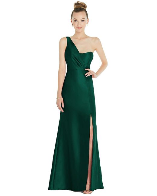 Alfred Sung Green Draped One-shoulder Satin Trumpet Gown With Front Slit