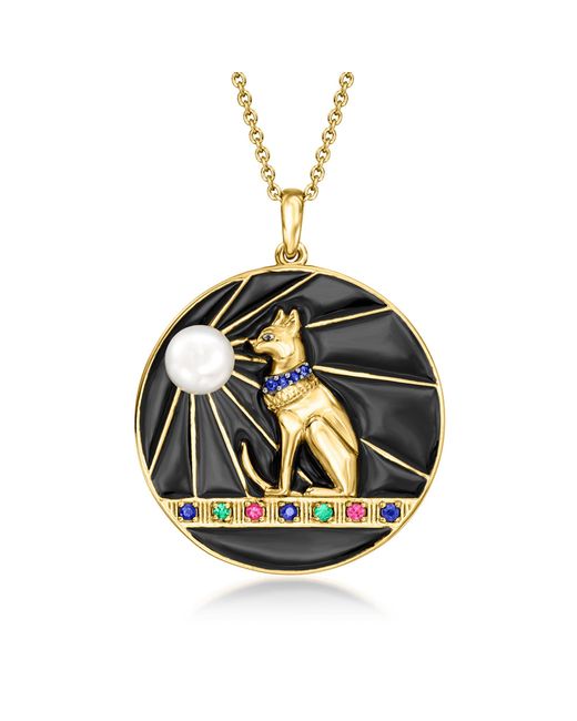 Ross-Simons Metallic 6mm Cultured Pearl And -gemstone Egyptian Cat Goddess Pendant Necklace