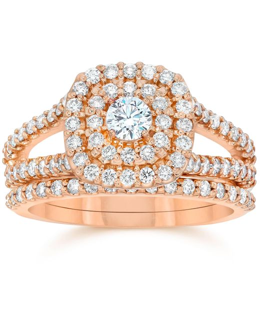 Pompeii3 Metallic 1 1/10ct Diamond Cushion Halo Engagement Wedding Ring Set 10k Rose Gold