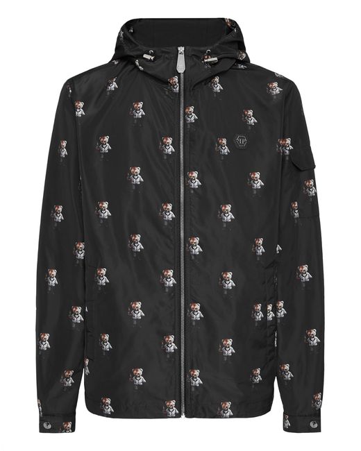 Philipp Plein Black Nylon Hooded Windbreaker Teddy All-Over for men