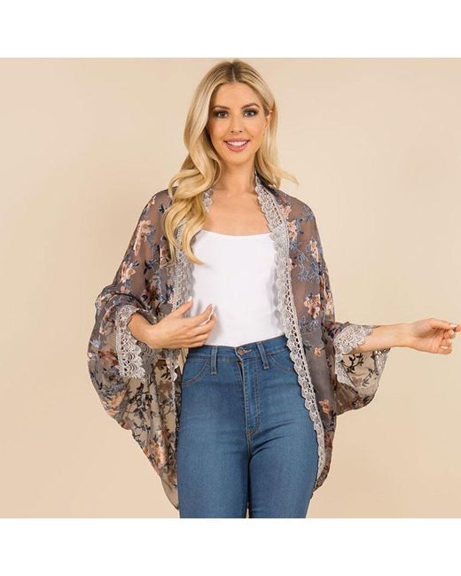 TRUEDAMES Blue Scalloped Lace Trim Open Front Burnout Floral Print Kimono Wrap Poncho