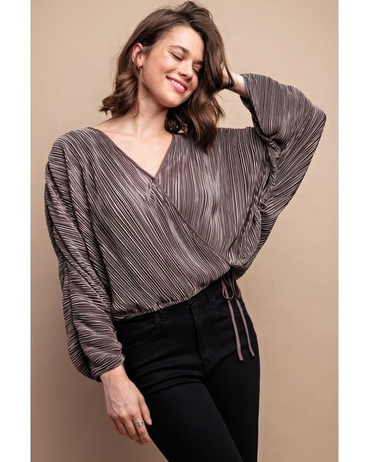 TRUEDAMES Purple Satin Pleated Drawstring Top With Snap Button