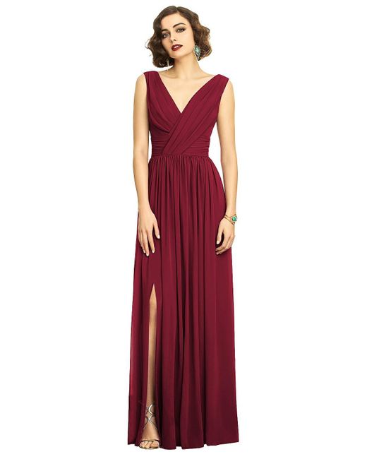 Dessy Collection Red Sleeveless Draped Chiffon Maxi Dress With Front Slit