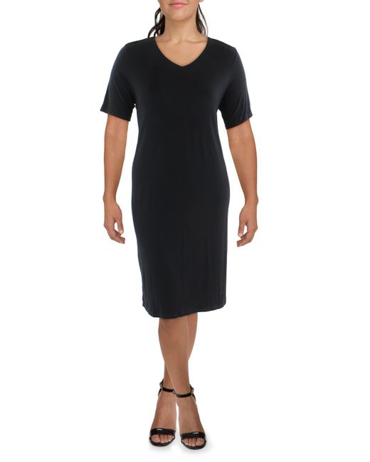 Eileen Fisher V-neck Knee T-shirt Dress in Black | Lyst