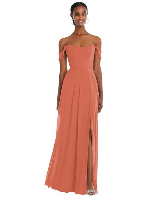 After Six Red Off-the-shoulder Basque Neck Maxi Dress With Flounce Sleeves