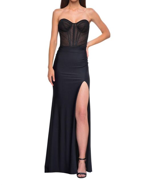 La Femme Blue Long Jersey Corset Top Prom Dress